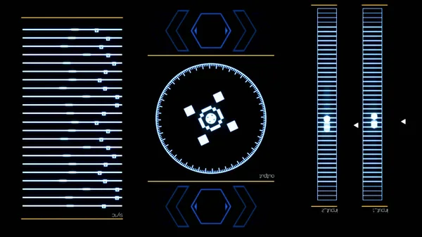 Tela de interface digital futurista com programa de computador em execução. Animação. Aplicação do sistema de funcionamento abstrato no fundo preto . — Fotografia de Stock