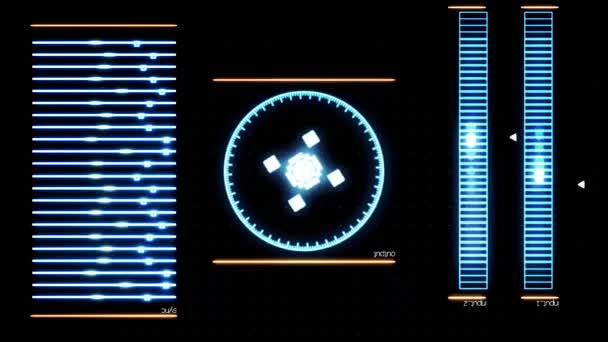 Na obrazovce futuristické digitální rozhraní se spuštěným počítačovým programem. Animace. Abstraktní funkční systémová aplikace na černém pozadí. — Stock video