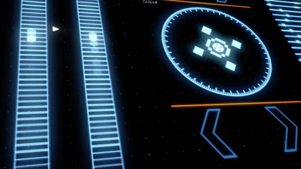 Kaltblaues futuristisches Interface eines modernen Computerprogramms, detaillierter abstrakter Hintergrund. Animation. Bewegte Indikatoren der Kommandozentrale Computer, Verarbeitung von Daten. — Stockfoto