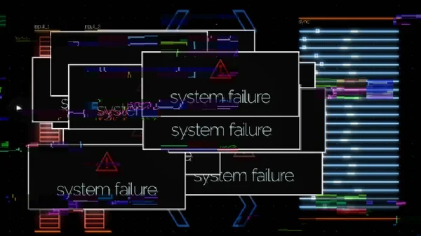 実行中のコンピュータプログラムの指標のためにクローズアップ, 抽象的なデジタル背景.Animaton.ノートパソコンの動作アプリケーションは、信号のグリッチやシステム障害によって中断ポップアップ. — ストック写真