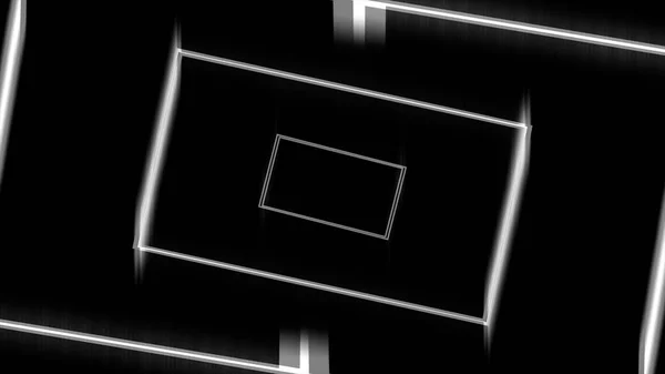 Abstract digital pattern with neon white rectangles moving backwards, monochrome, seamless loop. Animation. Geometrical figures fast movement on black background.