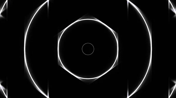 Glowing neon white circle frames moving backwards in the endless tunnel on black background. Animation. Round narrow lines endless movement, monochrome.