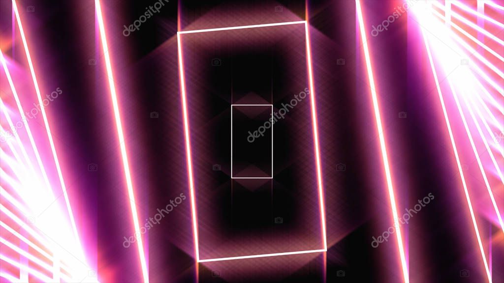 Abstract background with neon red rectangles moving one by one on black background, seamless loop. Animation. Glowing geometrical figures fly in an orderly manner.