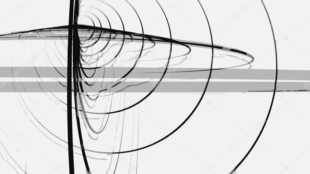Abstract black intertwined 3D frames of circles rotating on white background, seamless loop. Animation. Volume rings of different size spinning endlessly, monochrome.