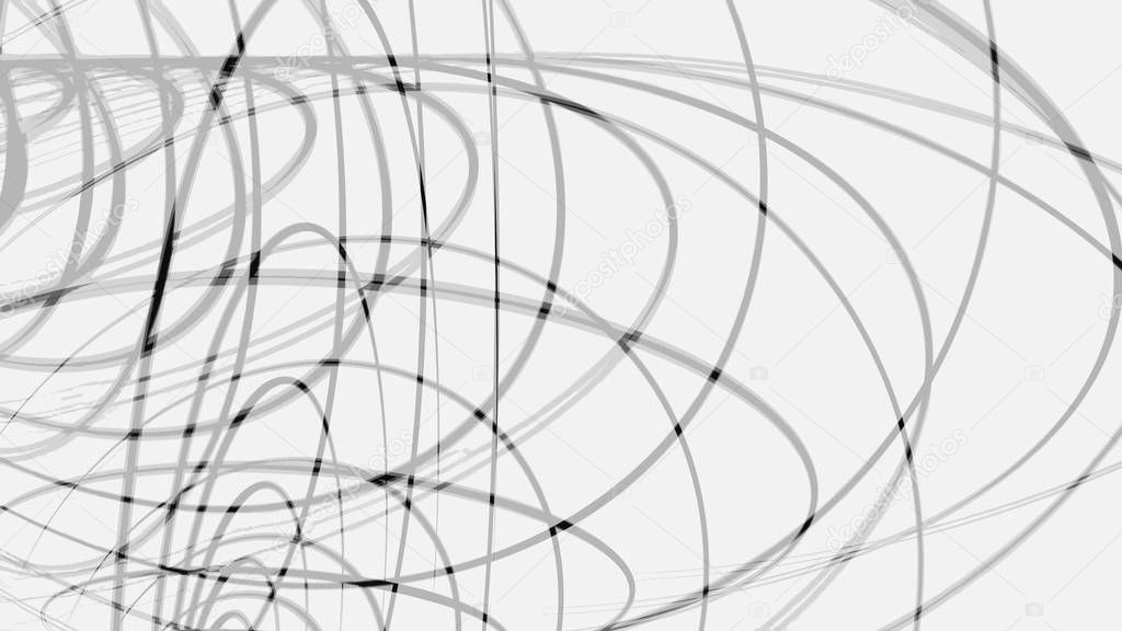 Abstract black intertwined 3D frames of circles rotating on white background, seamless loop. Animation. Volume rings of different size spinning endlessly, monochrome.