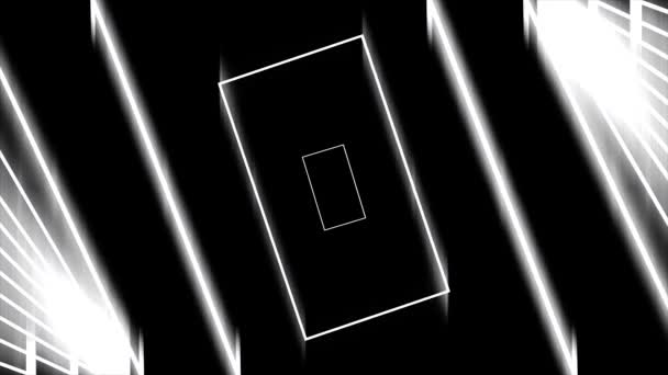 Abstract digital pattern with neon white rectangles moving backwards, monochrome, seamless loop. Animation. Geometrical figures fast movement on black background. — Stock video
