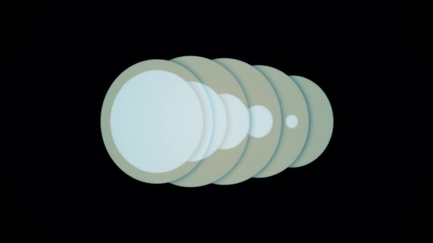 Blauwe en groene abstracte cirkels te verbreden en smal naar beneden op zwarte achtergrond, naadloze lus. Animatie. Digitale licht bubbels overlap beweging. — Stockvideo