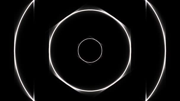 Glowing neon white circle frames moving backwards in the endless tunnel on black background. Animation. Round narrow lines endless movement, monochrome. — Stock Video