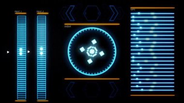 Modern bir bilgisayar programının soğuk mavi fütüristik arayüzü, ayrıntılı soyut arka plan. Animasyon. Komut Merkezi bilgisayarın hareket göstergeleri, veri işleme.