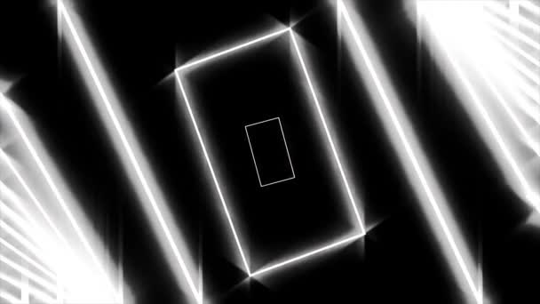 Fondo abstracto con rectángulos blancos de neón moviéndose uno por uno sobre fondo negro, lazo sin costuras. Animación. Figuras geométricas brillantes vuelan de manera ordenada, monocromáticas . — Vídeo de stock