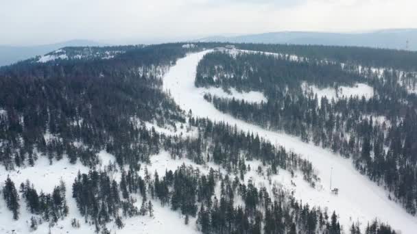 Vista superior de la pista de esquí en el fondo de la estación de esquí. Filmación. Hermoso paisaje de la estación de esquí con bosque de abeto grueso en el día de invierno soleado — Vídeo de stock