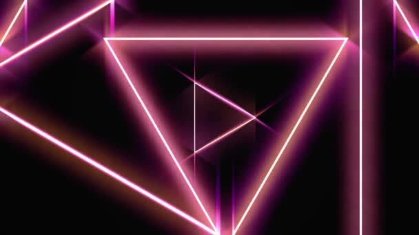 Flying through glowing rotating neon triangles in a tunnel, red pink violet spectrum, seamless loop. Animation. Fluorescent ultraviolet light of moving fast geometrical figures on black background. — Stock Video