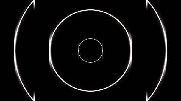 Светящиеся неоновые белые круги движутся назад в бесконечный туннель на черном фоне. Анимация. Круглые узкие линии бесконечного движения, монохромный . — стоковое видео