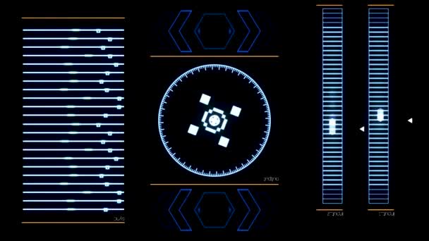 Na obrazovce futuristické digitální rozhraní se spuštěným počítačovým programem. Animace. Abstraktní funkční systémová aplikace na černém pozadí. — Stock video