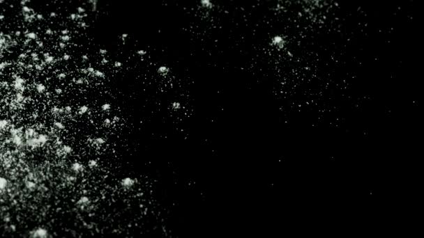 Vitt pulver faller ner isolerat på svart bakgrund. Stockbilder. Vita torra bläck sjunker på mörk yta. — Stockvideo