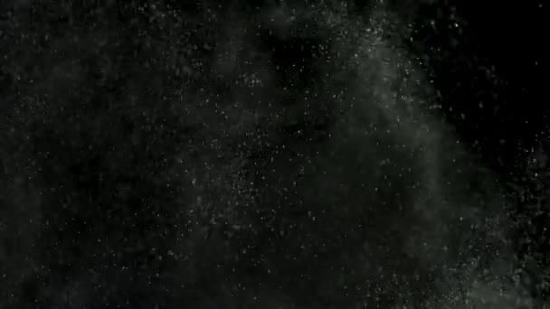 White dust debris exploading on black background, motion powder spray burst in dark texture. Stock footage. Beautiful small particles splashing and falling down. — Stockvideo