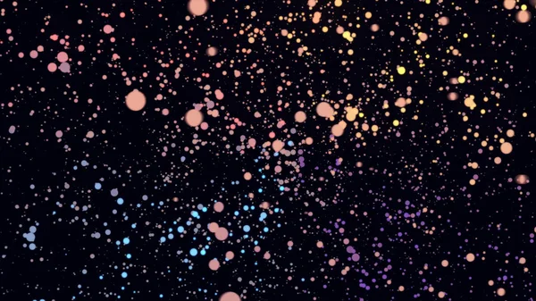 Petits points mobiles de couleurs lilas, bleues et jaunes sur fond noir, boucle sans couture. Animation. Vol abstrait de cercles colirants chaotiques dans la galaxie spatiale . — Photo