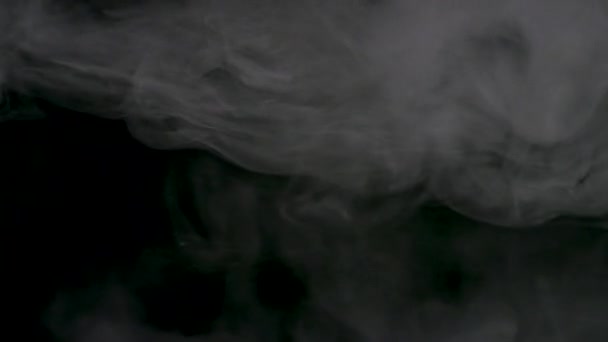 抽象的な霧や煙が高騰し、黒い色の背景の上に広がる。ストック映像。暗闇の中でゆっくりと動く煙の白いパフ. — ストック動画
