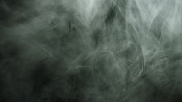 Nahaufnahme für dicken weißen Rauch, der sich auf schwarzem Hintergrund ausbreitet. Archivmaterial. Dichter Nebel fliegt vereinzelt im Dunkeln. — Stockvideo
