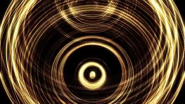 Shining golden rings in pulsating motion on black background, seamless loop. Animation. Abstract yellow shimmering circles beating endlessly. — Stock Video