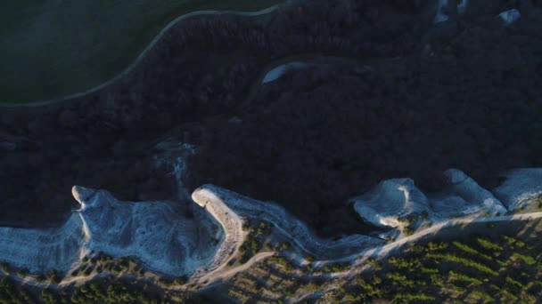 ニュージーランドの火山の崖の珍しい形のトップビュー。ショット。草原と美しい石の岩と緑の木々のための空中. — ストック動画