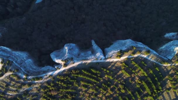 Dağların dalgalı taş kayaların üst görünümü. Atış. Dağın bir tarafında beyaz dalgalı kayalar ve diğer yamaç yamacın orman kısmı — Stok video