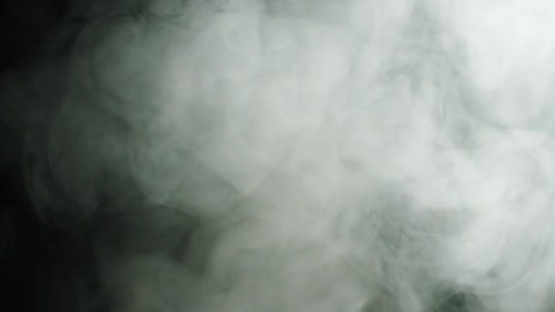 黒い背景に煙を吹き飛ばす。ストック映像。黒い孤立した背景に広がる白い煙雲の薄い流れ — ストック動画