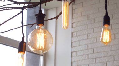 Beyaz tuğla duvarlar ile odada tavandan siyah teller asılı farklı formları led ampuller için yakın. Medya. Ağaç dalı üzerinde güzel retro ampuller, ev dekorasyon elemanları.