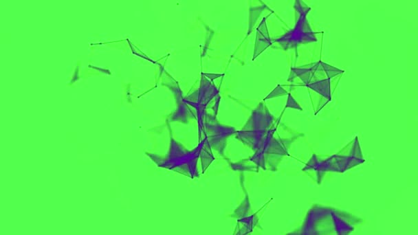 Construção de rede futurista com triângulos roxos e linhas em fundo verde, conceito de comunicação com a Internet. Estoque. Movimento de magnetização de figuras geométricas, loop sem costura . — Vídeo de Stock