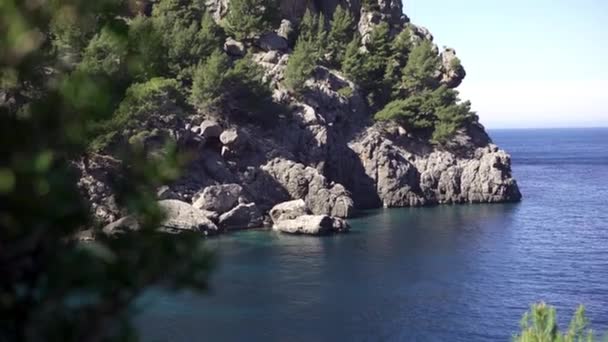 Vacker blå lagun med sten och träd på klar solig dag. Artikel. Vackert paradis landskap med blått vatten i havet och klippor av kusten täckt med gröna träd — Stockvideo