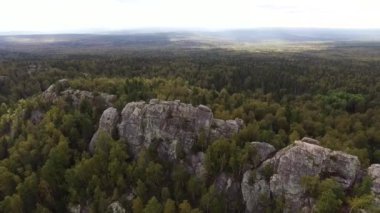 Tipik Portekiz ormanı, ağaç, çam ve meşe tacı, doğanın güzelliği ile drone havadan görünümü. Görüntü. Granit dağları ve güzel ormanları ile muhteşem vadide seyahat eden bir adam.