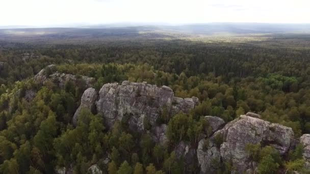 Vista aérea del dron con bosque típico portugués, corona de árboles, pinos y robles, belleza de la naturaleza. Filmación. Un hombre que viaja en un valle espectacular con montañas de granito y hermoso bosque . — Vídeos de Stock