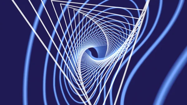 Linhas brancas estreitas abstratas que formam o túnel dos triângulos no fundo azul escuro. Animação. Animação branca e azul de muitas linhas e ondas estreitas . — Fotografia de Stock