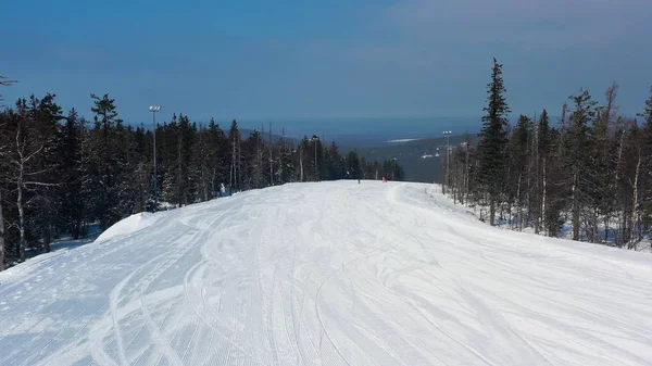 Picturesque view of sport and recreation resort for winter vacation, healthy lifestyle concept. Footage. Aerial for young teenagers snowboarding and skiing down the hill on winter forest background.