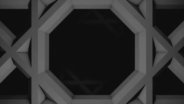 Animación monocromática de cuadrados grises en movimiento con hexágonos en el interior, bucle sin costuras. Animación. Figuras geométricas alejándose de la cámara sobre fondo negro . — Vídeos de Stock