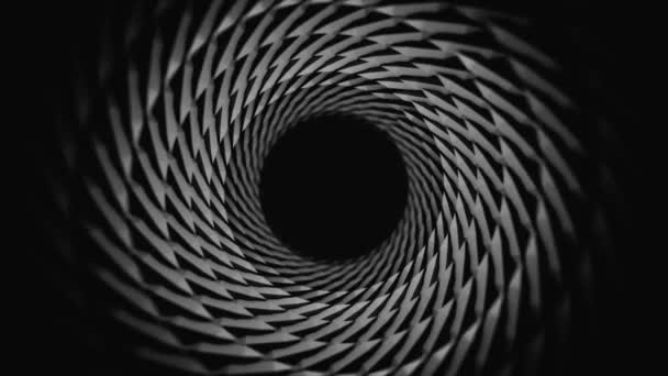 Grå virvlande rörliga tunneln på svart bakgrund, sömlös slinga. Animation. Abstrakt animation av monokrom tunnel roterande oändlighet. — Stockvideo
