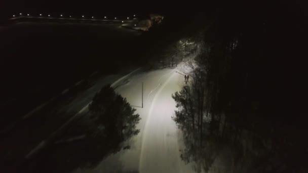 Зимовий сезон у парку. Кліп. Вид зверху на зимову дорогу в парку вночі — стокове відео