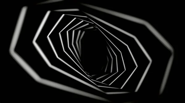 幾何学的な数字の抽象的な無限の動きは、一つ一つ、黒い背景にトンネルを形成し、シームレスなループ。アニメーション。白い輝く八角形の回転. — ストック写真