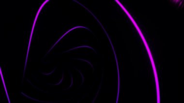 Bir tünel, floresan ultraviyole ışık, parlayan neon hatları, siyah arka plan üzerinde hareket ile soyut animasyon. Animasyon. Dönen tüneli oluşturan renkli mor parlayan çizgiler.
