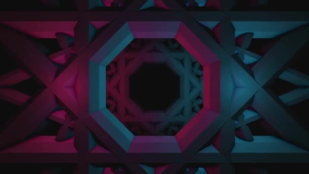 Karanlık arka plan üzerinde bir tünel gibi görünen fütüristik geometrik formların soyut animasyon. Animasyon. Geometrik animasyon — Stok video