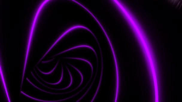 Abstrakte Animation skurriler gekrümmter lila Neonlinien, die sich spiralförmig auf schwarzem Hintergrund bewegen. Animation. futuristischer Neon-Tunnel — Stockvideo