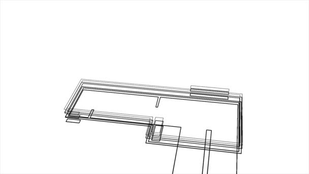 Modelo de casa moderna 3D en la primera etapa de un proyecto, la construcción y el diseño de concepto. Animación. Vista esquemática de un edificio sobre fondo blanco . — Vídeo de stock