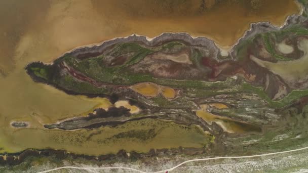 Amazing view of picturesque dark island with brown earth and yellow reservoirs with dirty water, covered by tropical plants. Shot. View from above of strange island — Stock Video