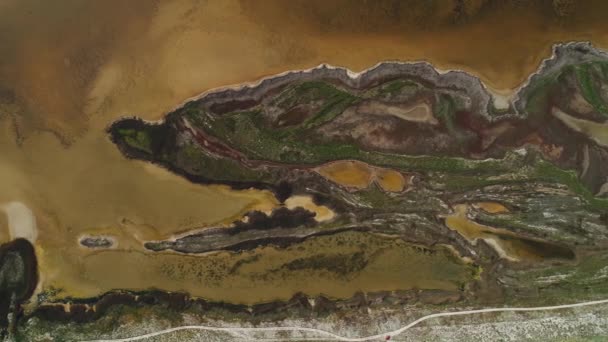 Дивовижний вид на мальовничий темний острів з коричневою землею і жовтими резервуарами з брудною водою, вкритими тропічними рослинами. Постріл. Вид зверху на чужий острів — стокове відео
