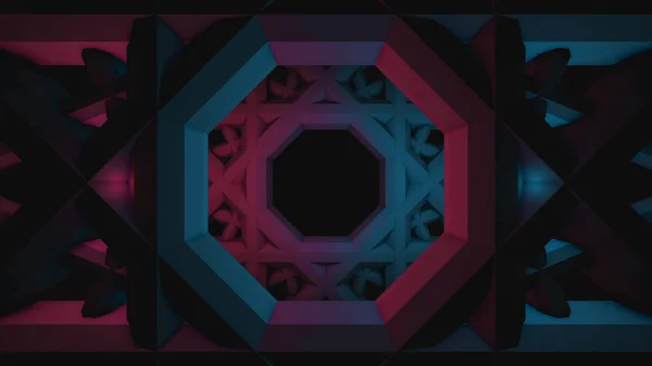 Abstract animation of futuristic geometrical forms looking like a tunnel on the dark background. Animation. Geometrical animation