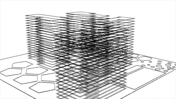 Animación abstracta de planos en blanco y negro de construcciones y edificios modernos. Animación. Animación 3d abstracta del concepto de negocio y tecnología de la construcción — Vídeo de stock