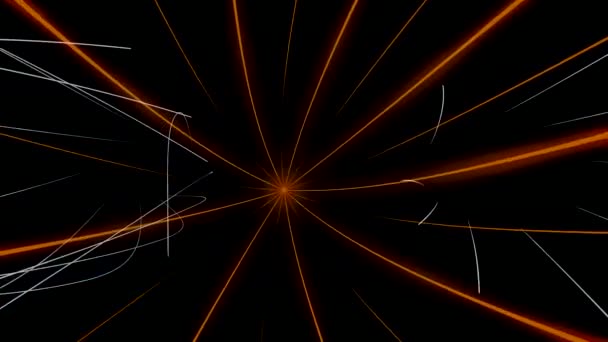 Abstract oranje stralen vliegen in de zijkanten in de buurt van chaotische beweging van witte smalle lijnen, naadloze lus. Animatie. Kleurrijke laserstralen vliegen op zwarte achtergrond. — Stockvideo