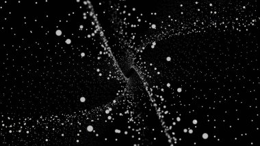 Soyut beyaz nokta bulutları siyah arka plan üzerinde aynı anda ileri ve geri hareket, kesintisiz döngü. Animasyon. Küçük parçacıkların çarpıcı hacimanimasyonlu uçuş, monokrom.