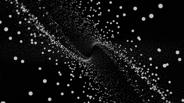Abstraktní bílé tečky se pohybují vpřed a vzad ve stejnou dobu na černém pozadí, bezešvé smyčce. Animace. Ohromující objem animovaného letu malých částic, monochromatických. — Stock fotografie
