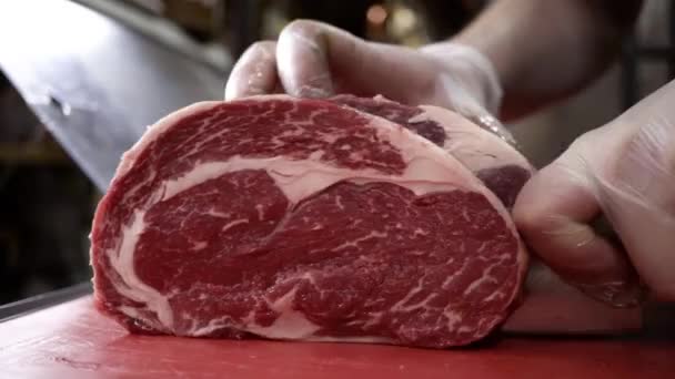 Мясник в перчатках режет тушу красного мяса. Начали. Крупный план профессионального ножа, режущего огромный кусок мяса в мясной лавке — стоковое видео